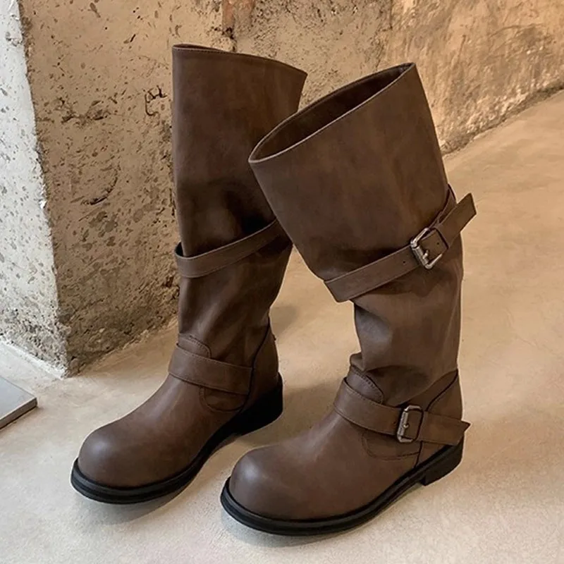 Eilyken Vintage Style Women Knee-High Boots Fashion Round Toe Belt Buckle Shoes Autumn Winter Long Botas Mujer