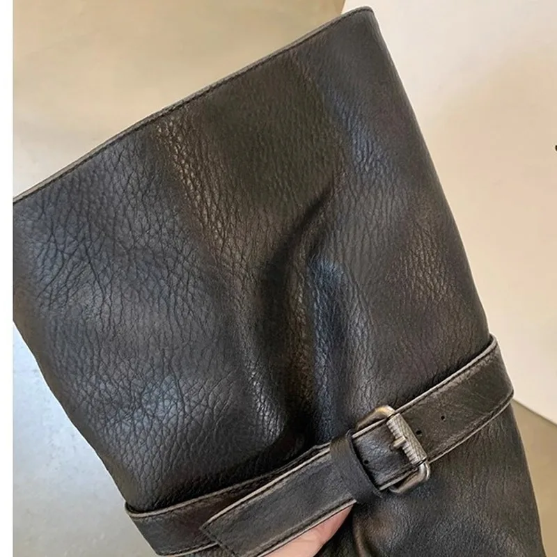 Eilyken Vintage Style Women Knee-High Boots Fashion Round Toe Belt Buckle Shoes Autumn Winter Long Botas Mujer