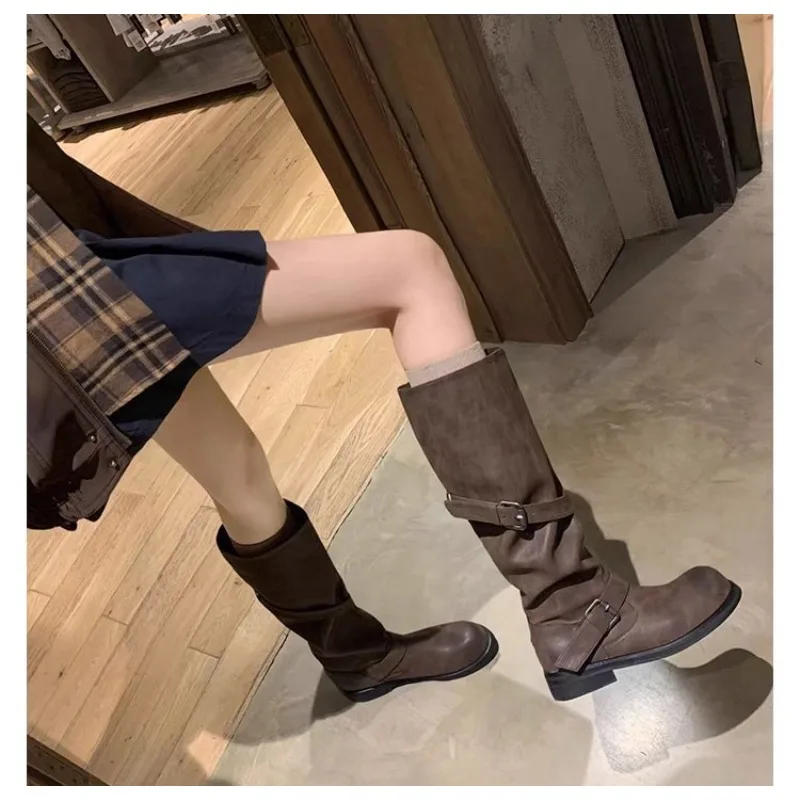 Eilyken Vintage Style Women Knee-High Boots Fashion Round Toe Belt Buckle Shoes Autumn Winter Long Botas Mujer