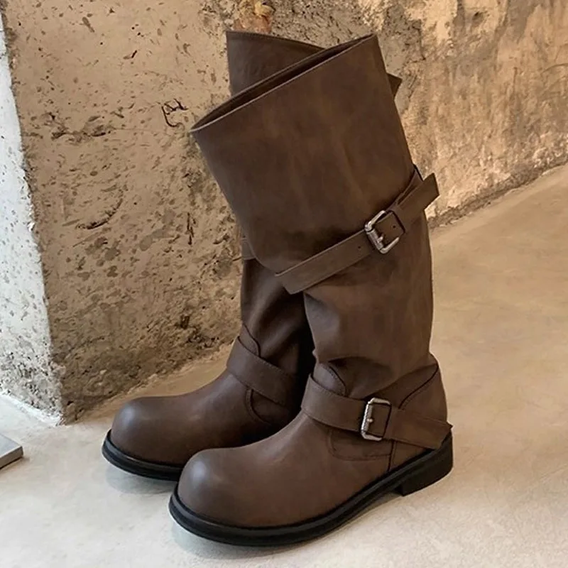 Eilyken Vintage Style Women Knee-High Boots Fashion Round Toe Belt Buckle Shoes Autumn Winter Long Botas Mujer