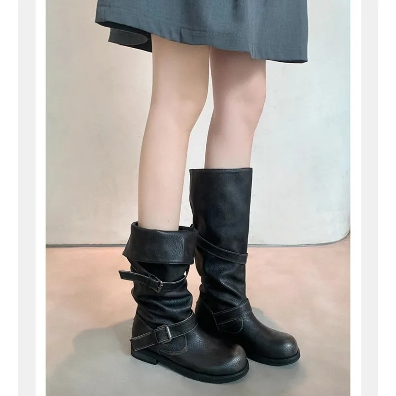 Eilyken Vintage Style Women Knee-High Boots Fashion Round Toe Belt Buckle Shoes Autumn Winter Long Botas Mujer