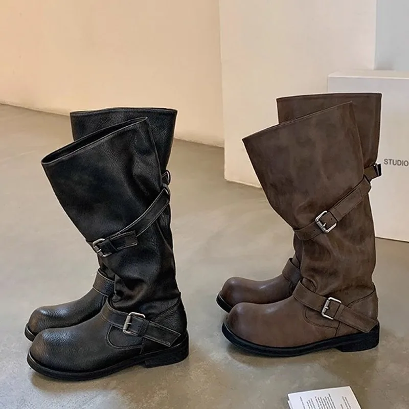 Eilyken Vintage Style Women Knee-High Boots Fashion Round Toe Belt Buckle Shoes Autumn Winter Long Botas Mujer