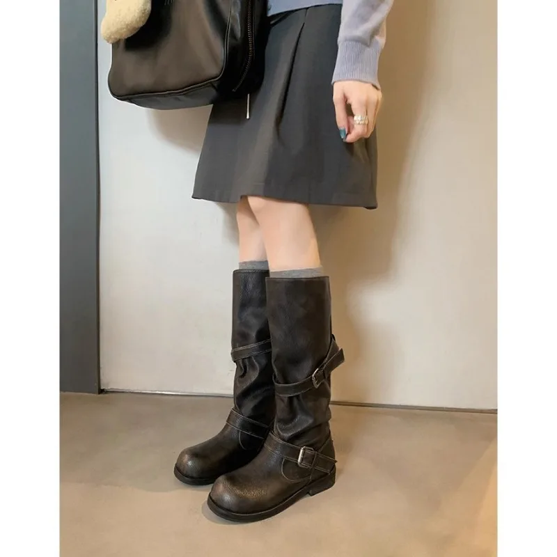 Eilyken Vintage Style Women Knee-High Boots Fashion Round Toe Belt Buckle Shoes Autumn Winter Long Botas Mujer