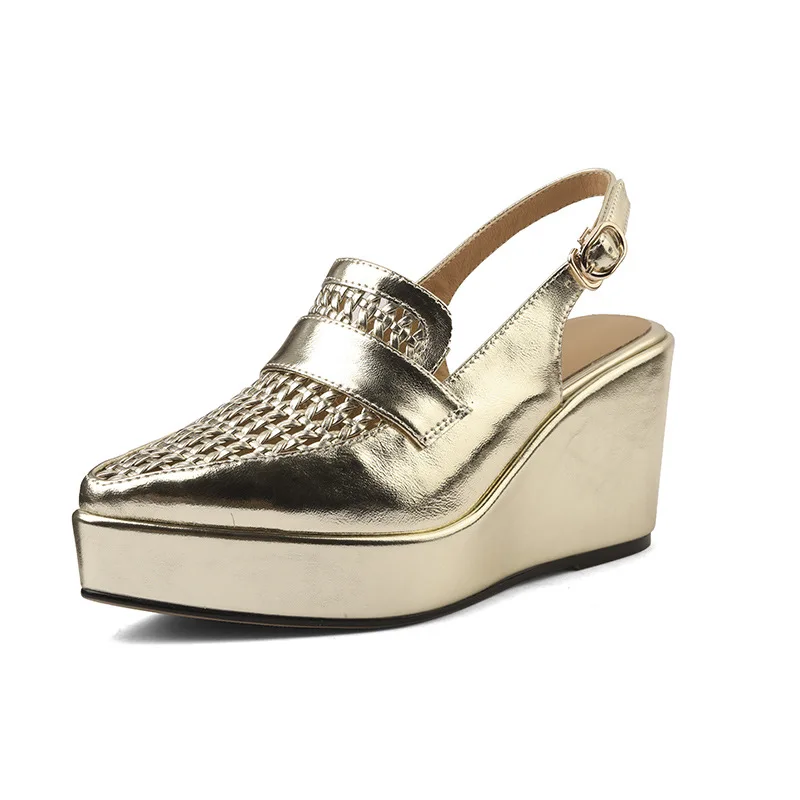 Summer Vacation Style Silver Cowhide Hollow Wedge Sandals Square Head Thick Sole One-Button Sandals Muffin Bottom Beach Shoes