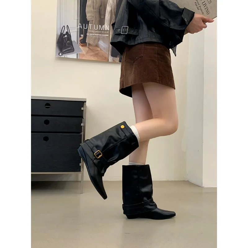 Eilyken New Fashion Splicing Wedges Low Heels Ankle Boots Woman Pointed Toe Shoes Vintage Style Belt Buckle Botas Feminina