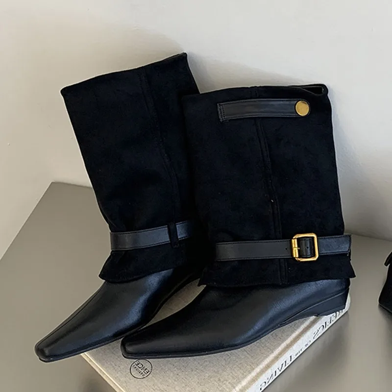 Eilyken New Fashion Splicing Wedges Low Heels Ankle Boots Woman Pointed Toe Shoes Vintage Style Belt Buckle Botas Feminina