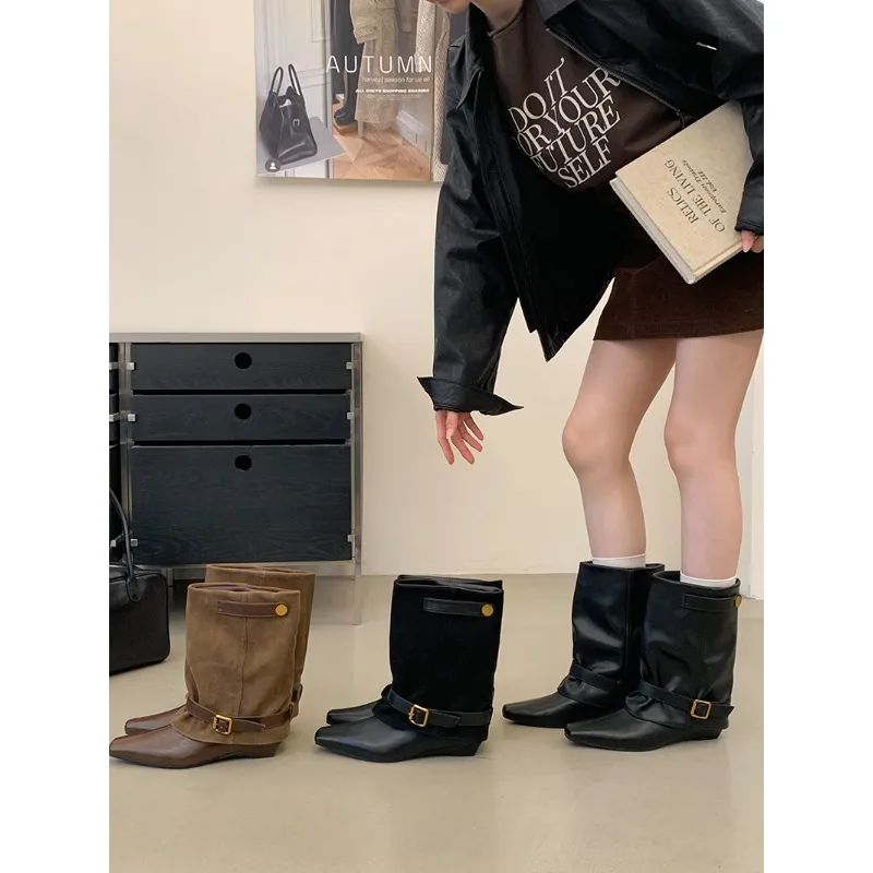 Eilyken New Fashion Splicing Wedges Low Heels Ankle Boots Woman Pointed Toe Shoes Vintage Style Belt Buckle Botas Feminina