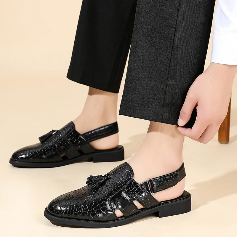 Men's Leather Sandals for Everyday Office Wear Slip-on Sandals Casual Dress Shoes Crocodile Pattern Tassel Low-heel Sandals