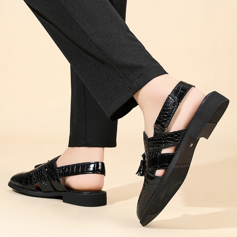 Men's Leather Sandals for Everyday Office Wear Slip-on Sandals Casual Dress Shoes Crocodile Pattern Tassel Low-heel Sandals