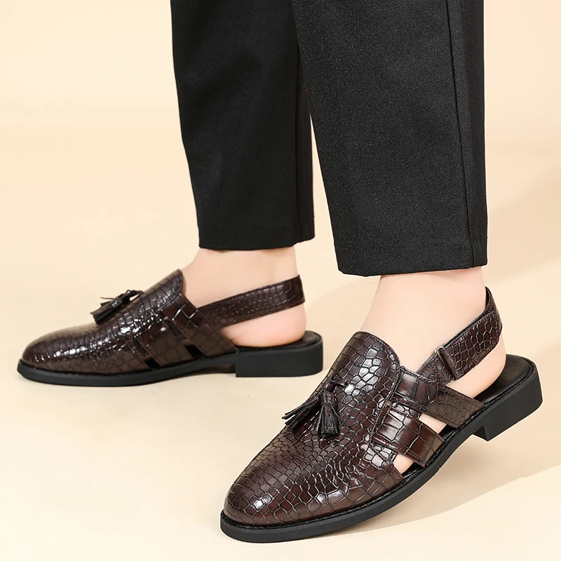 Men's Leather Sandals for Everyday Office Wear Slip-on Sandals Casual Dress Shoes Crocodile Pattern Tassel Low-heel Sandals