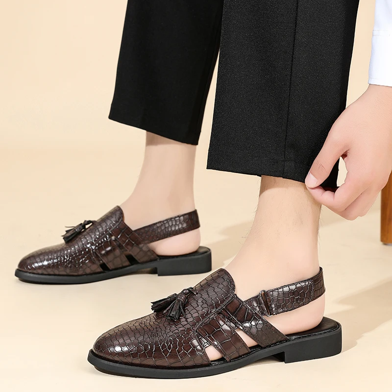 Men's Leather Sandals for Everyday Office Wear Slip-on Sandals Casual Dress Shoes Crocodile Pattern Tassel Low-heel Sandals