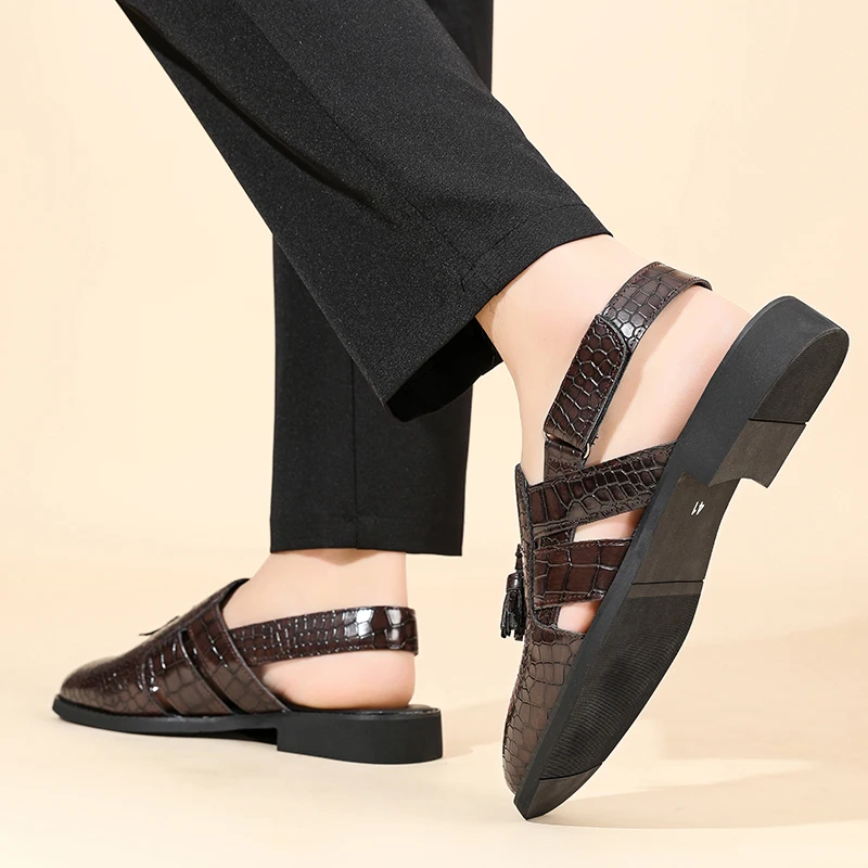 Men's Leather Sandals for Everyday Office Wear Slip-on Sandals Casual Dress Shoes Crocodile Pattern Tassel Low-heel Sandals