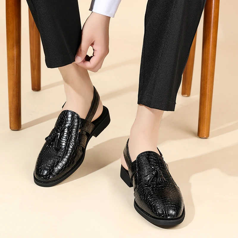 Men's Leather Sandals for Everyday Office Wear Slip-on Sandals Casual Dress Shoes Crocodile Pattern Tassel Low-heel Sandals