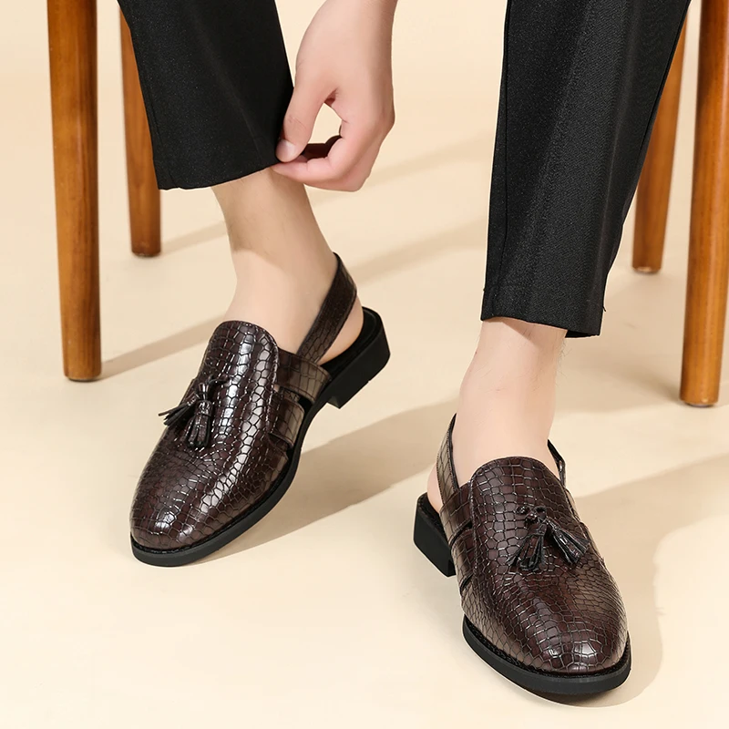 Men's Leather Sandals for Everyday Office Wear Slip-on Sandals Casual Dress Shoes Crocodile Pattern Tassel Low-heel Sandals