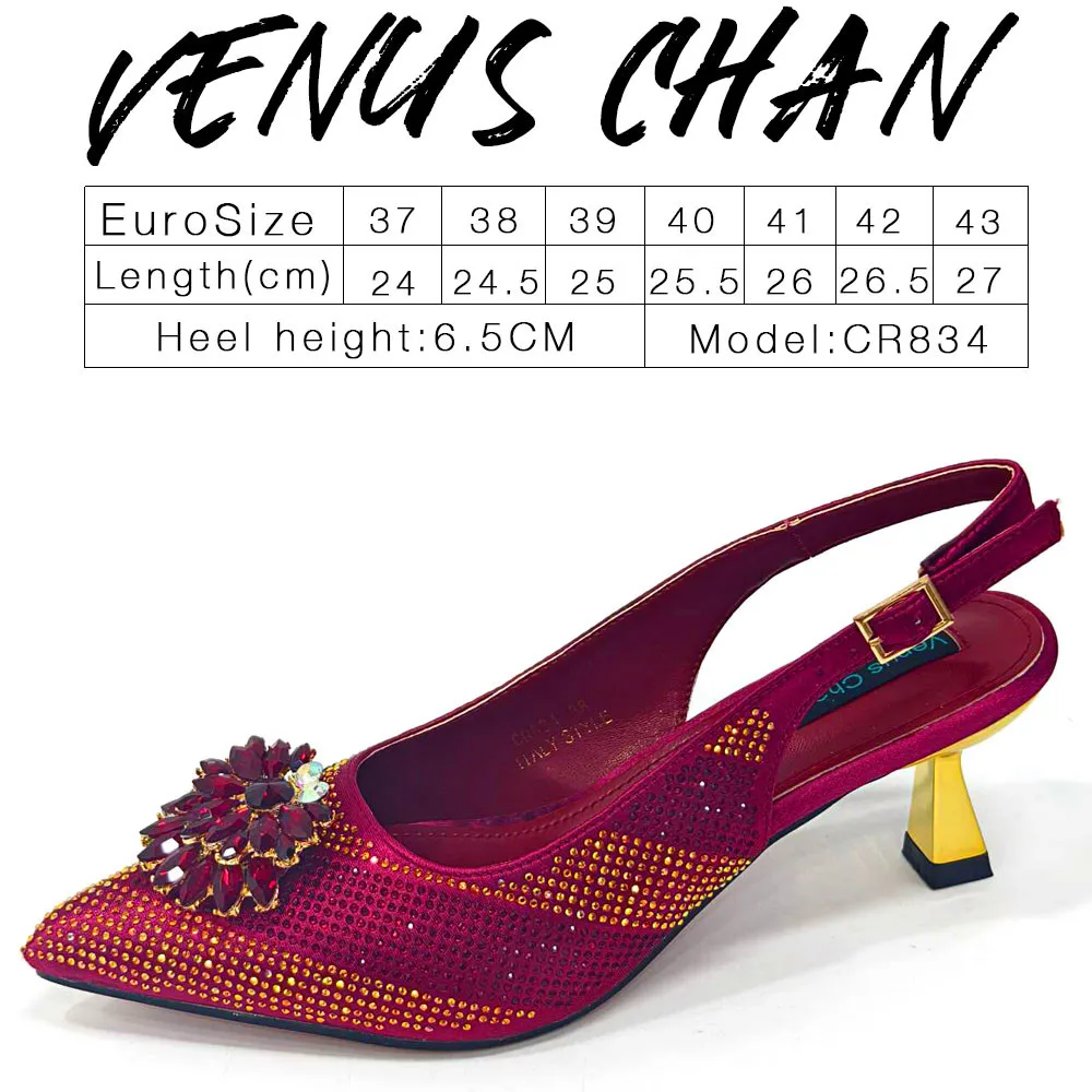 Venus Chan 2026 Italian Luxury Rhinestone Wine Pointed Toe High Heels with Matching Bag Set – Ideal for Parties and Special