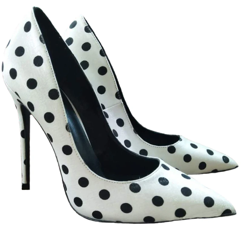 New Round Polka Dot Silk High Heels with Pointed Toe, Shallow Mouth, Thin Heel 12cm Sexy French Girl Single Shoes