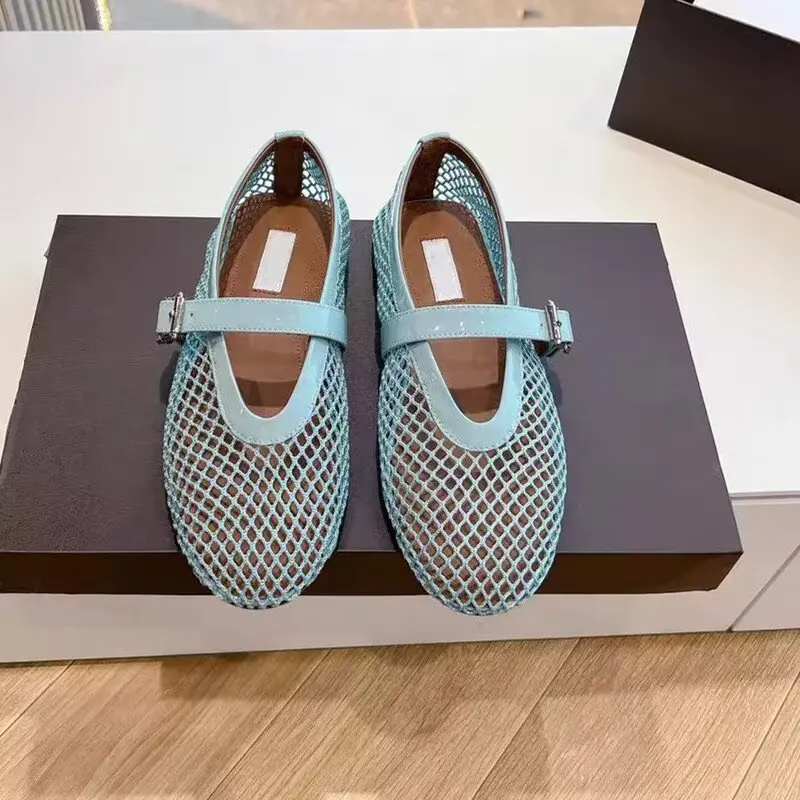 Designer brand original mesh buckle ballet sandals with women's hollow flat bottom Mary Jane mesh fishing net shoes