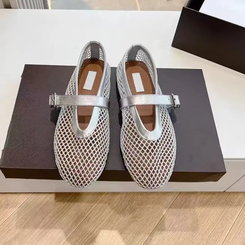 Designer brand original mesh buckle ballet sandals with women's hollow flat bottom Mary Jane mesh fishing net shoes