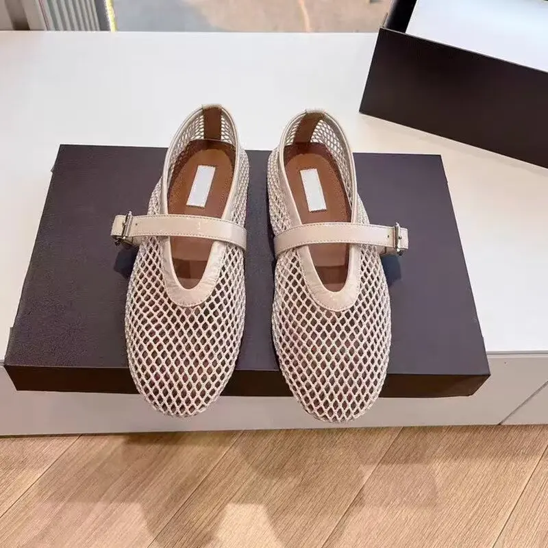 Designer brand original mesh buckle ballet sandals with women's hollow flat bottom Mary Jane mesh fishing net shoes