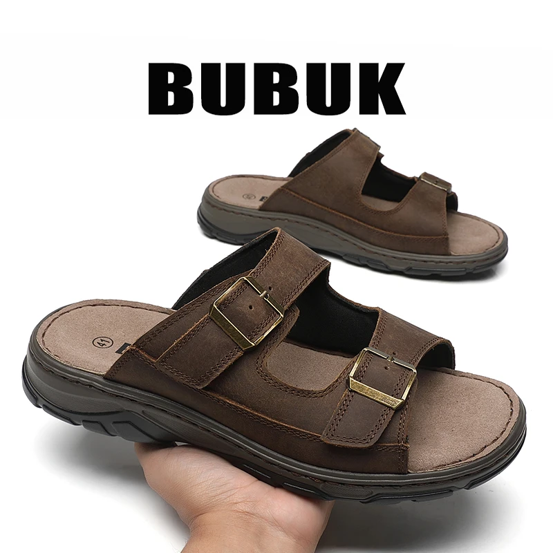 Bubuk Men's First Layer Cowhide Sports Slippers, Slip-On Outdoor Beach Sandals with Arch Support, Breathable Summer Outdoor Shoes for Men, Suitable for Travel, Hiking, and Commuting