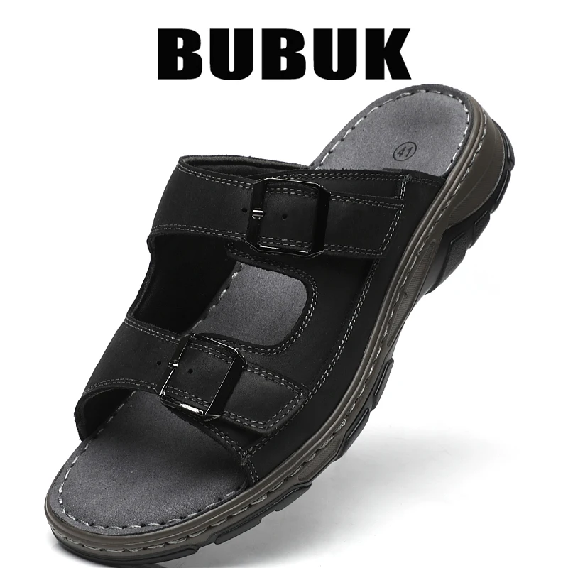 Bubuk Men's First Layer Cowhide Sports Slippers, Slip-On Outdoor Beach Sandals with Arch Support, Breathable Summer Outdoor Shoes for Men, Suitable for Travel, Hiking, and Commuting