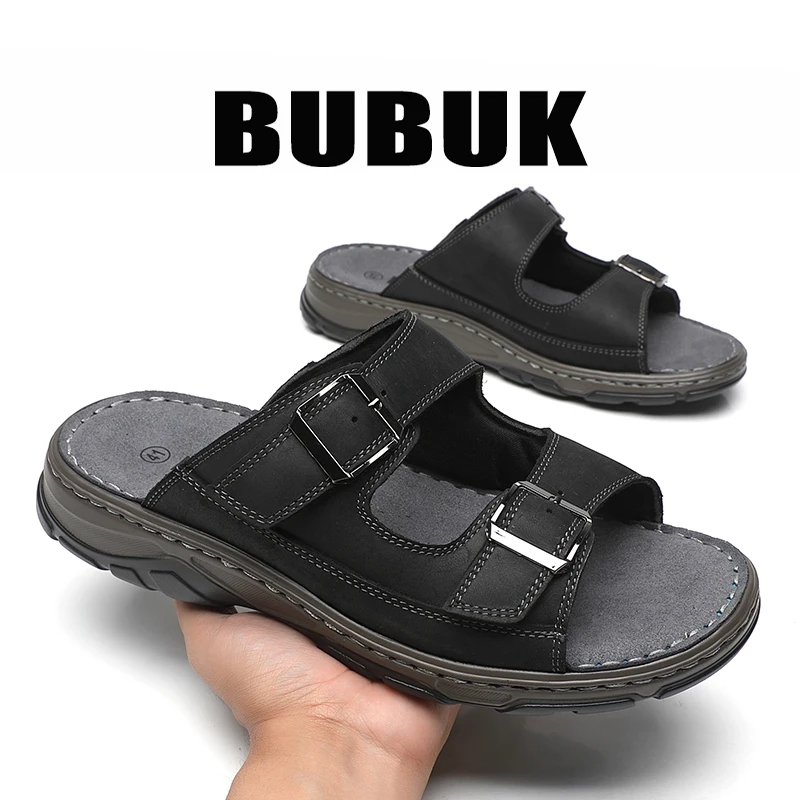 Bubuk Men's First Layer Cowhide Sports Slippers, Slip-On Outdoor Beach Sandals with Arch Support, Breathable Summer Outdoor Shoes for Men, Suitable for Travel, Hiking, and Commuting