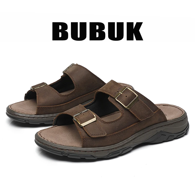 Bubuk Men's First Layer Cowhide Sports Slippers, Slip-On Outdoor Beach Sandals with Arch Support, Breathable Summer Outdoor Shoes for Men, Suitable for Travel, Hiking, and Commuting