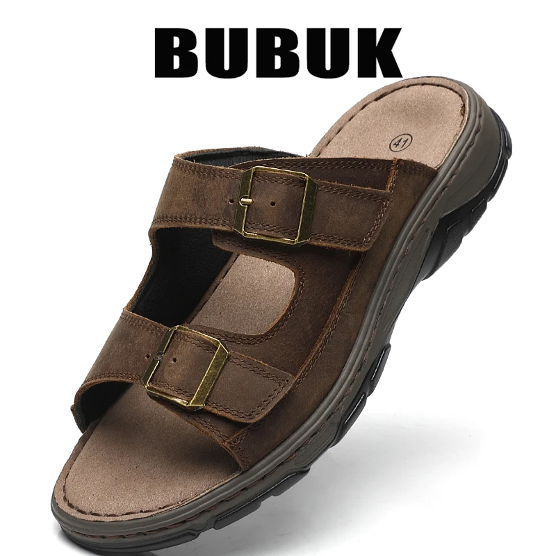 Bubuk Men's First Layer Cowhide Sports Slippers, Slip-On Outdoor Beach Sandals with Arch Support, Breathable Summer Outdoor Shoes for Men, Suitable for Travel, Hiking, and Commuting