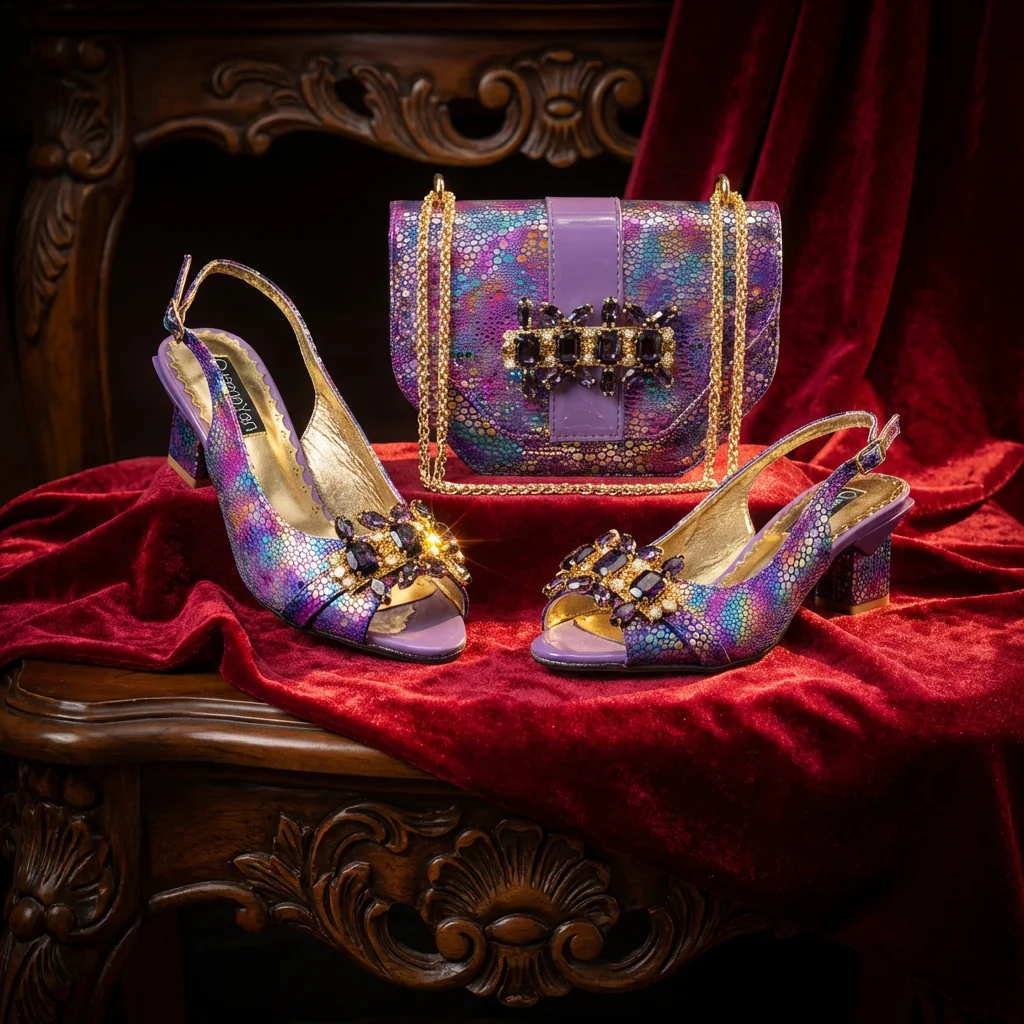 New Arrive Nigerian Women Heel Party Shoes and Bag Set Purple Colour Rhinestone Handbag Italian Design Wedding INS 2026