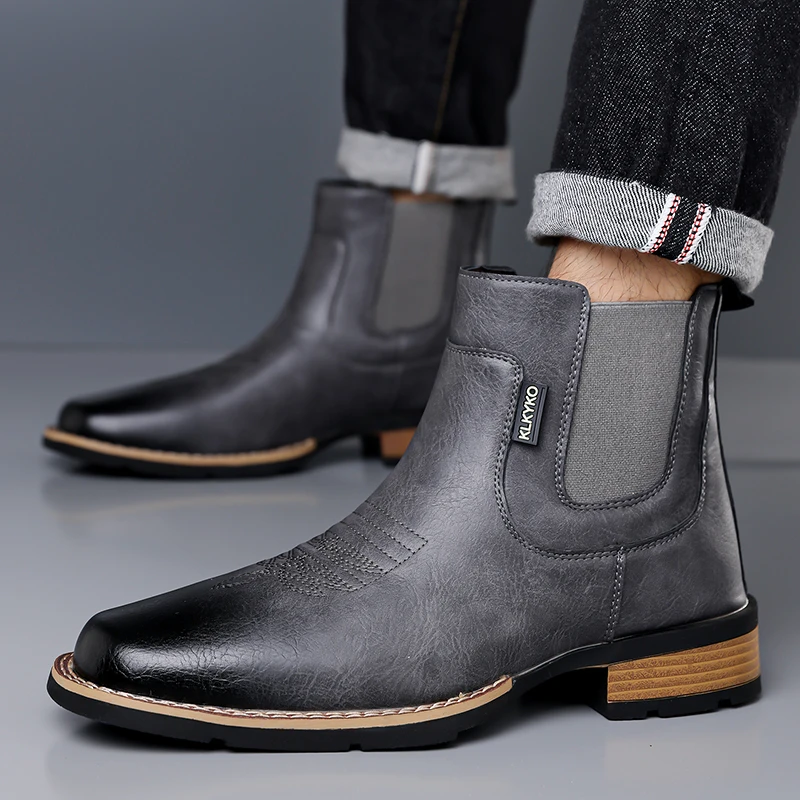 DIMANYU Men's Western Cowboy Chelsea Boots Vintage Men Ankle Boots Slip‑On Fashion Large Size Short Booties For Men