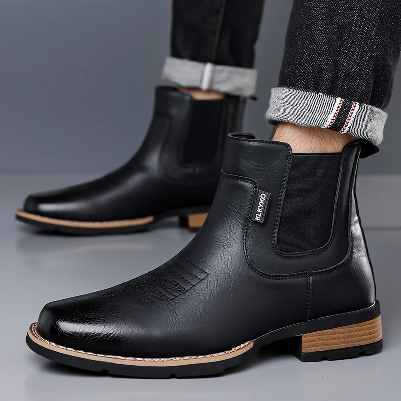 DIMANYU Men's Western Cowboy Chelsea Boots Vintage Men Ankle Boots Slip‑On Fashion Large Size Short Booties For Men