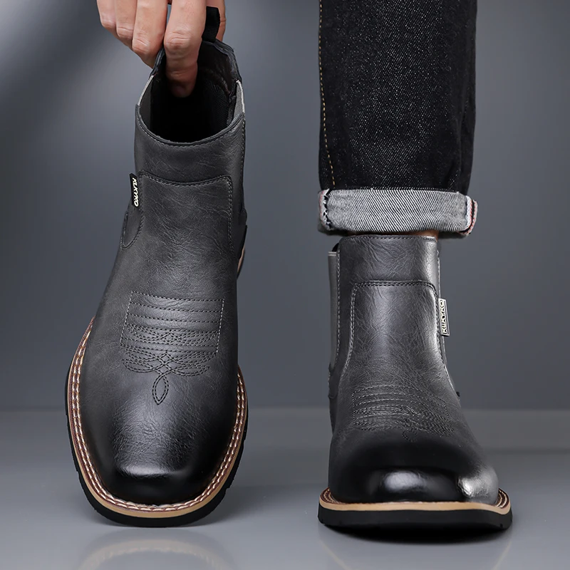 DIMANYU Men's Western Cowboy Chelsea Boots Vintage Men Ankle Boots Slip‑On Fashion Large Size Short Booties For Men