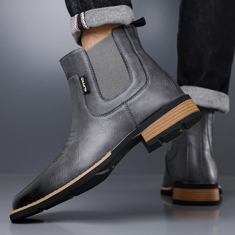 DIMANYU Men's Western Cowboy Chelsea Boots Vintage Men Ankle Boots Slip‑On Fashion Large Size Short Booties For Men
