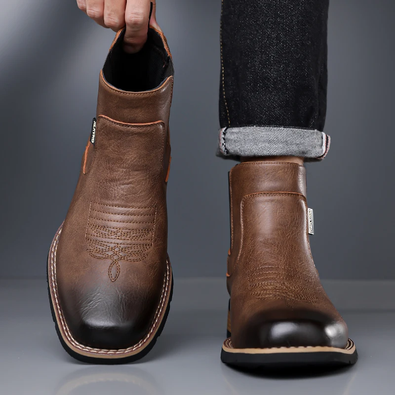 DIMANYU Men's Western Cowboy Chelsea Boots Vintage Men Ankle Boots Slip‑On Fashion Large Size Short Booties For Men