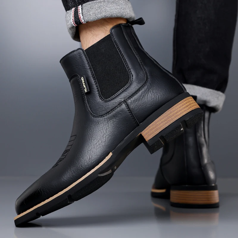 DIMANYU Men's Western Cowboy Chelsea Boots Vintage Men Ankle Boots Slip‑On Fashion Large Size Short Booties For Men
