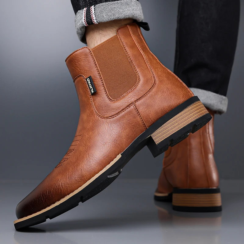 DIMANYU Men's Western Cowboy Chelsea Boots Vintage Men Ankle Boots Slip‑On Fashion Large Size Short Booties For Men