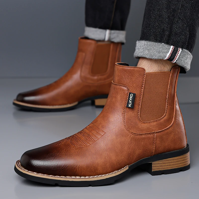 DIMANYU Men's Western Cowboy Chelsea Boots Vintage Men Ankle Boots Slip‑On Fashion Large Size Short Booties For Men