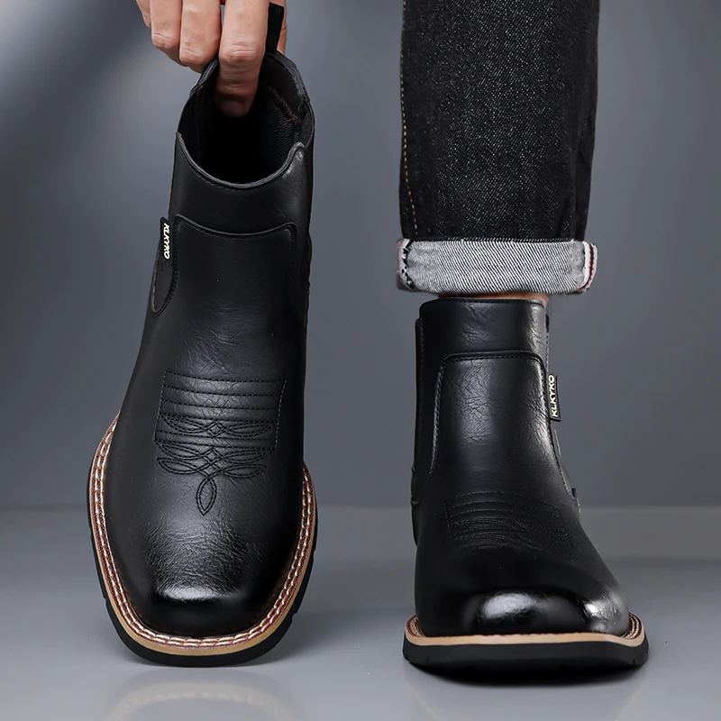 DIMANYU Men's Western Cowboy Chelsea Boots Vintage Men Ankle Boots Slip‑On Fashion Large Size Short Booties For Men