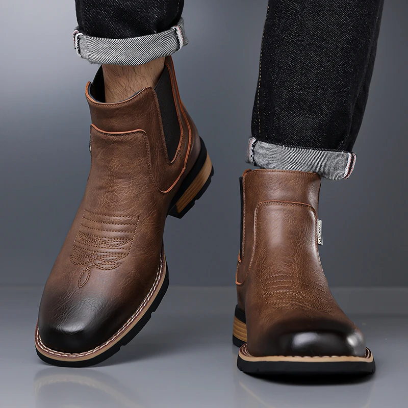 DIMANYU Men's Western Cowboy Chelsea Boots Vintage Men Ankle Boots Slip‑On Fashion Large Size Short Booties For Men