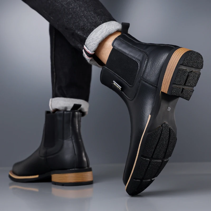 DIMANYU Men's Western Cowboy Chelsea Boots Vintage Men Ankle Boots Slip‑On Fashion Large Size Short Booties For Men