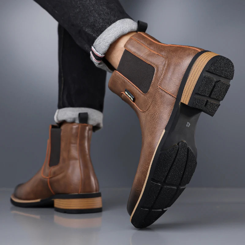 DIMANYU Men's Western Cowboy Chelsea Boots Vintage Men Ankle Boots Slip‑On Fashion Large Size Short Booties For Men