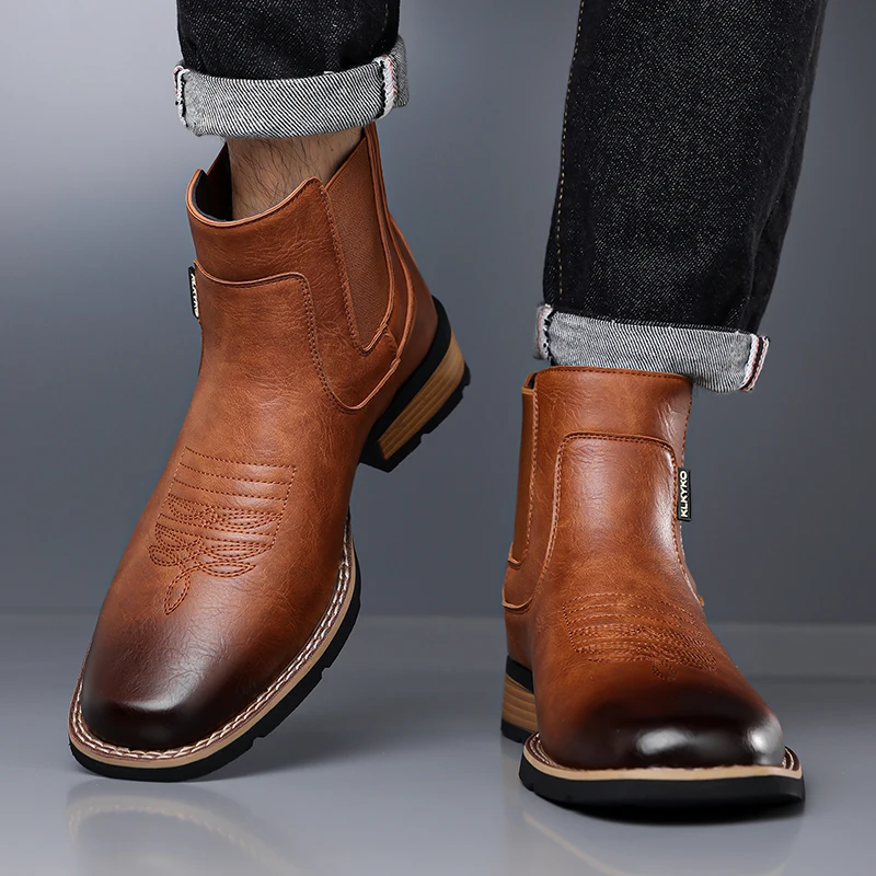 DIMANYU Men's Western Cowboy Chelsea Boots Vintage Men Ankle Boots Slip‑On Fashion Large Size Short Booties For Men