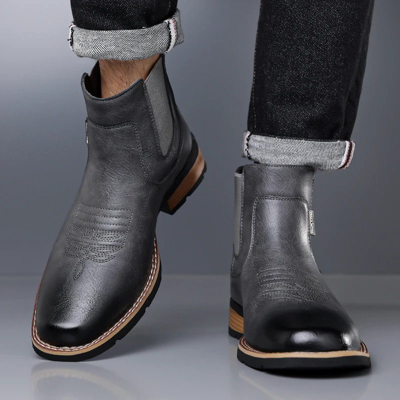 DIMANYU Men's Western Cowboy Chelsea Boots Vintage Men Ankle Boots Slip‑On Fashion Large Size Short Booties For Men