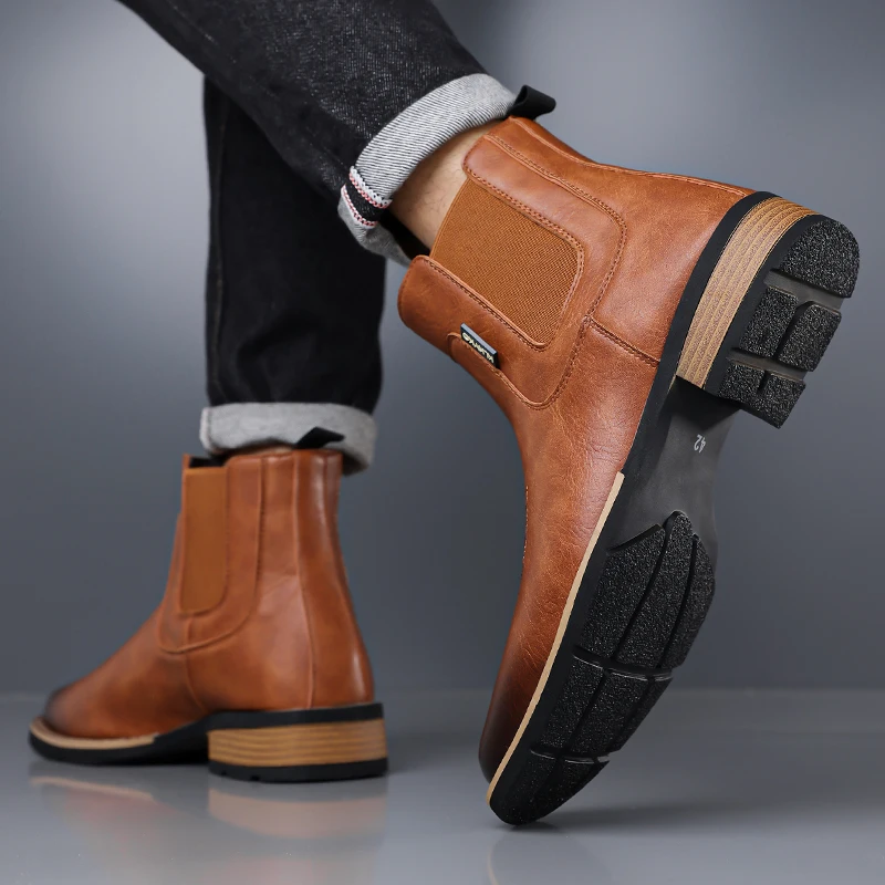 DIMANYU Men's Western Cowboy Chelsea Boots Vintage Men Ankle Boots Slip‑On Fashion Large Size Short Booties For Men