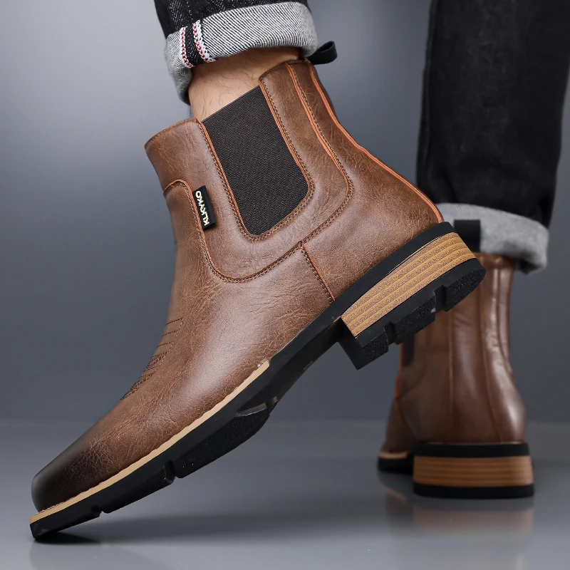DIMANYU Men's Western Cowboy Chelsea Boots Vintage Men Ankle Boots Slip‑On Fashion Large Size Short Booties For Men
