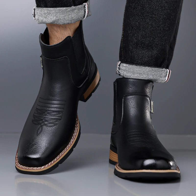 DIMANYU Men's Western Cowboy Chelsea Boots Vintage Men Ankle Boots Slip‑On Fashion Large Size Short Booties For Men
