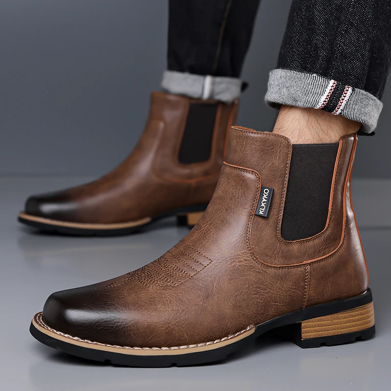 DIMANYU Men's Western Cowboy Chelsea Boots Vintage Men Ankle Boots Slip‑On Fashion Large Size Short Booties For Men