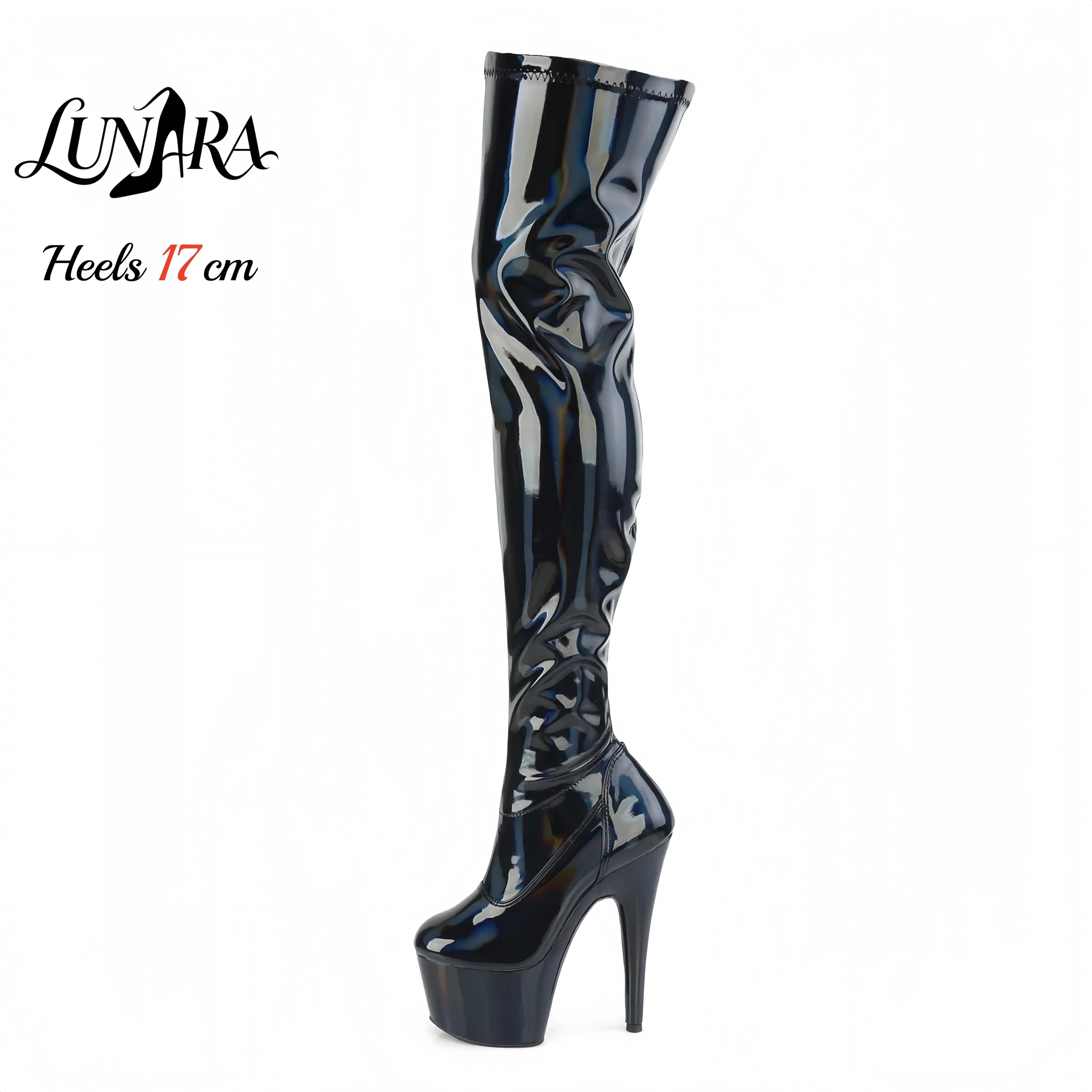17cm/7Inch Holographic Patent Leather Zipper Closed Toe Platform Stilettos Thigh High Boot Stripper Shoes Pole Dance Nightclub