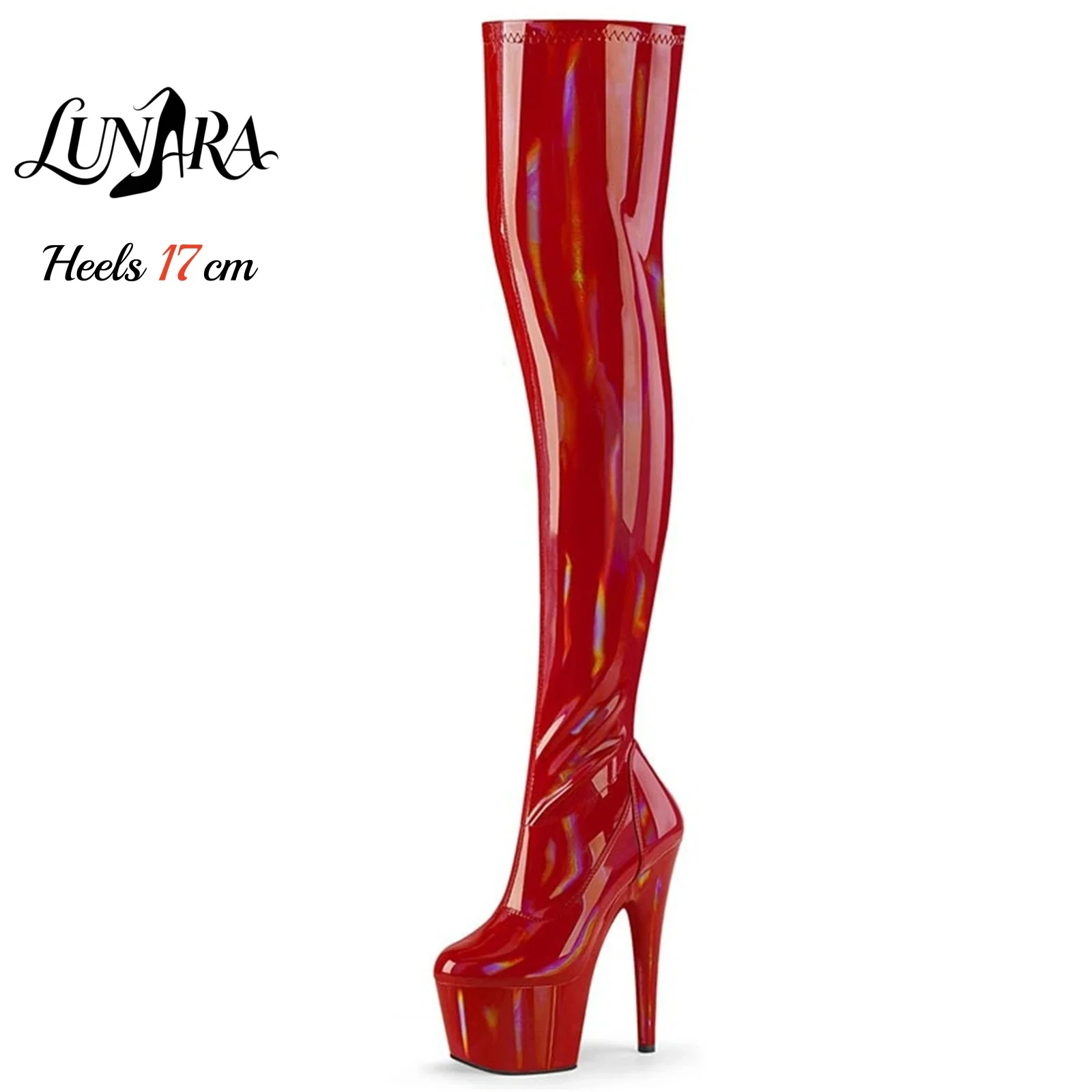 17cm/7Inch Holographic Patent Leather Zipper Closed Toe Platform Stilettos Thigh High Boot Stripper Shoes Pole Dance Nightclub