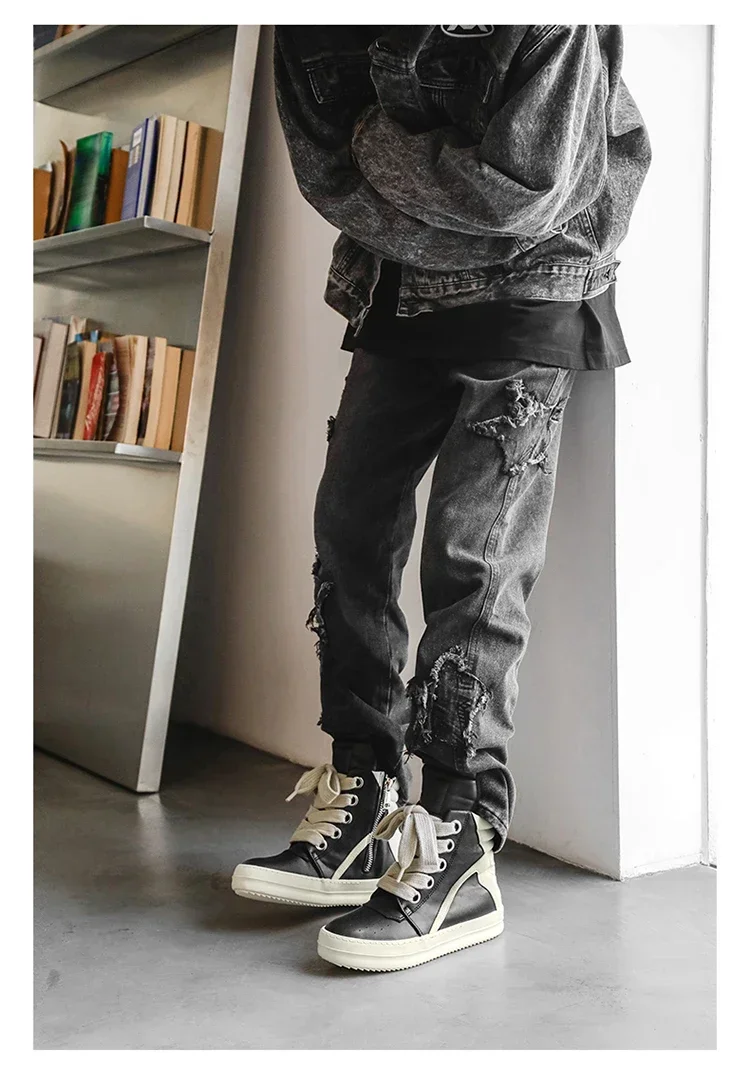 Casual High-top Boots Sports Shoes Lace-up Leather Ankle Boots Male Skateboard Shoes Men Sneakers 39-44 Men Luxury Sneakers